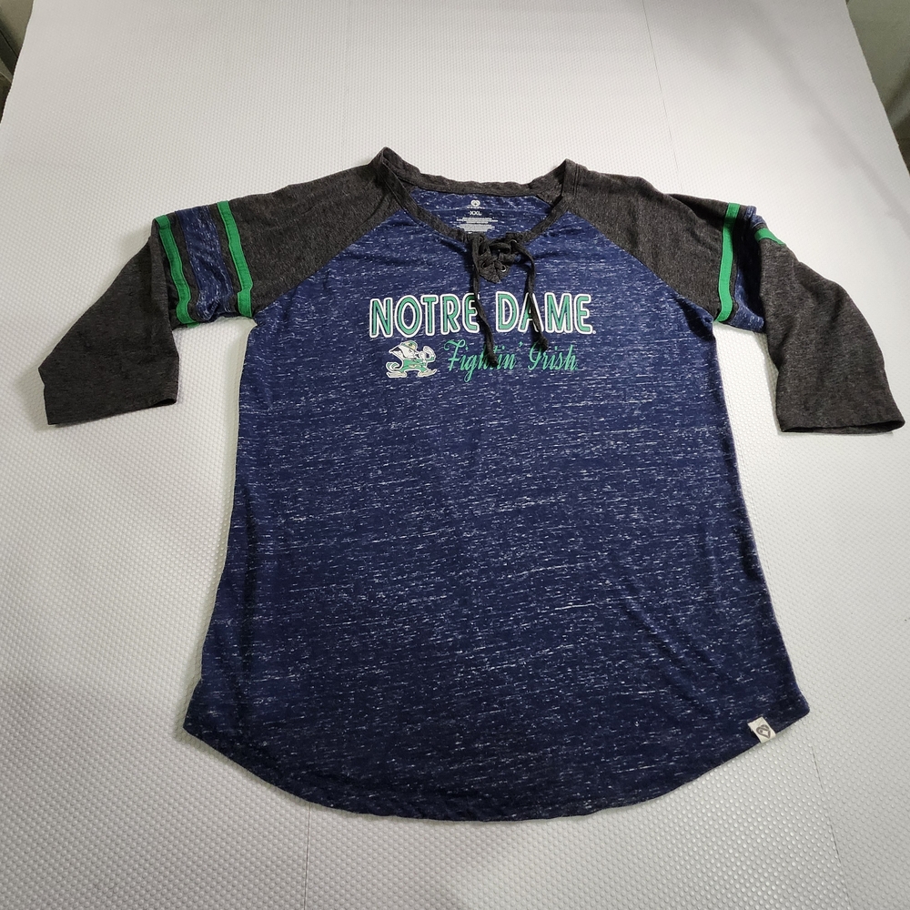 Colosseum Notre Dame Navy & Gray Raglan Tee with Green Trim 3/4 Sleeve